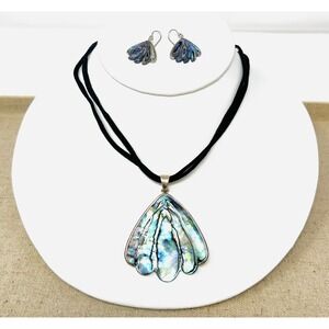 LUC Sterling Silver Abalone Shell Pendant Necklace and Earring Jewelry Set